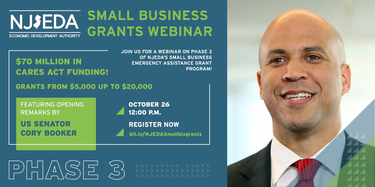 TaraDowdellGrp's tweet photo. Smallbiz + nonprofits join us for @NewJerseyEDA webinar on grants from $5,000 - $20,000 w/ @CoryBooker! Sole proprietors + home-based businesses also eligible. Reserved funding for restaurants, micro businesses + those in low-income communities. Register: https://t.co/3qNCJdQRNS https://t.co/0SeuBc2khb