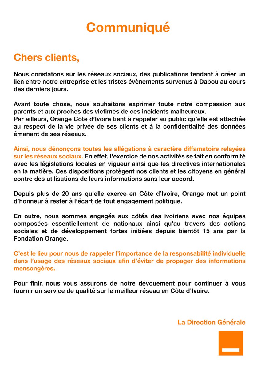 CI_Orange's tweet photo. Famille Orange, chez Orange Côte d'Ivoire, notre vocation est d'offrir à tous les ivoiriens des services de qualité dans le respect de la vie privée. https://t.co/t75LBGgb2s
