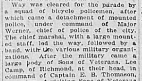 STUART: The Richmond Times Dispatch reported in 1907 that the police led the parade for the unveiling of the JEB Stuart Monument. The path was cleared by police on bicycles, followed by the mounted police. 3/6 https://chroniclingamerica.loc.gov/lccn/sn85038615/1907-05-31/ed-1/seq-1/