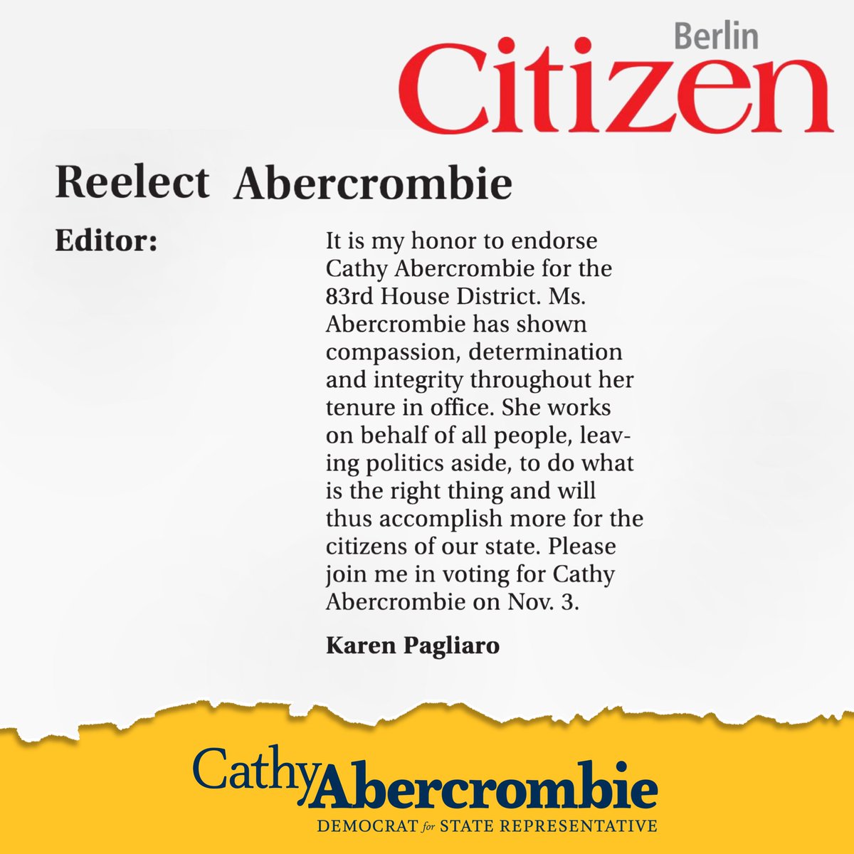 People from across the 83rd district are writing letters to newspapers in support of our campaign! I'm so grateful for the support of Karen and so many other Meriden and Berlin residents.