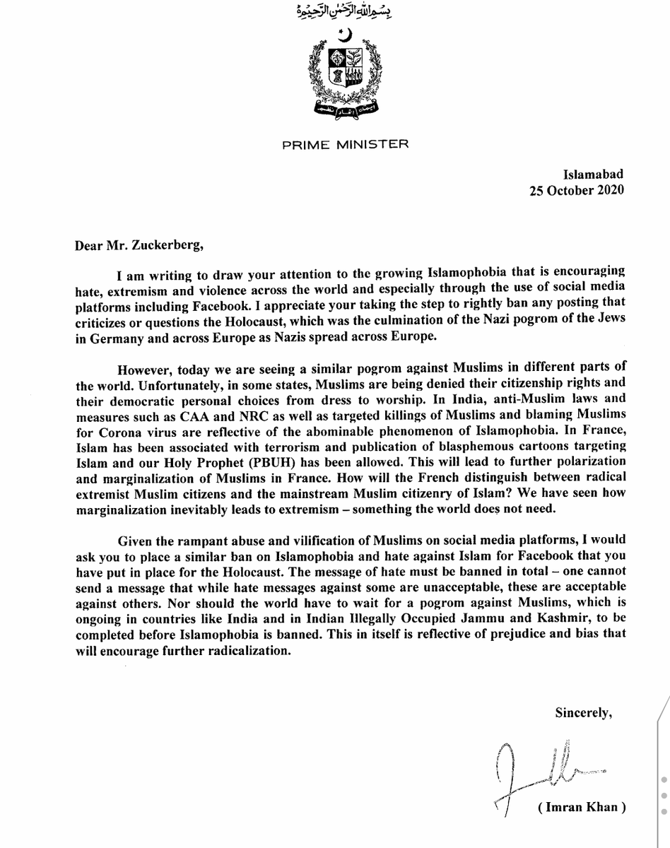 My letter to CEO Facebook Mark Zuckerberg to ban Islamophobia just as Facebook has banned questioning or criticising the holocaust.