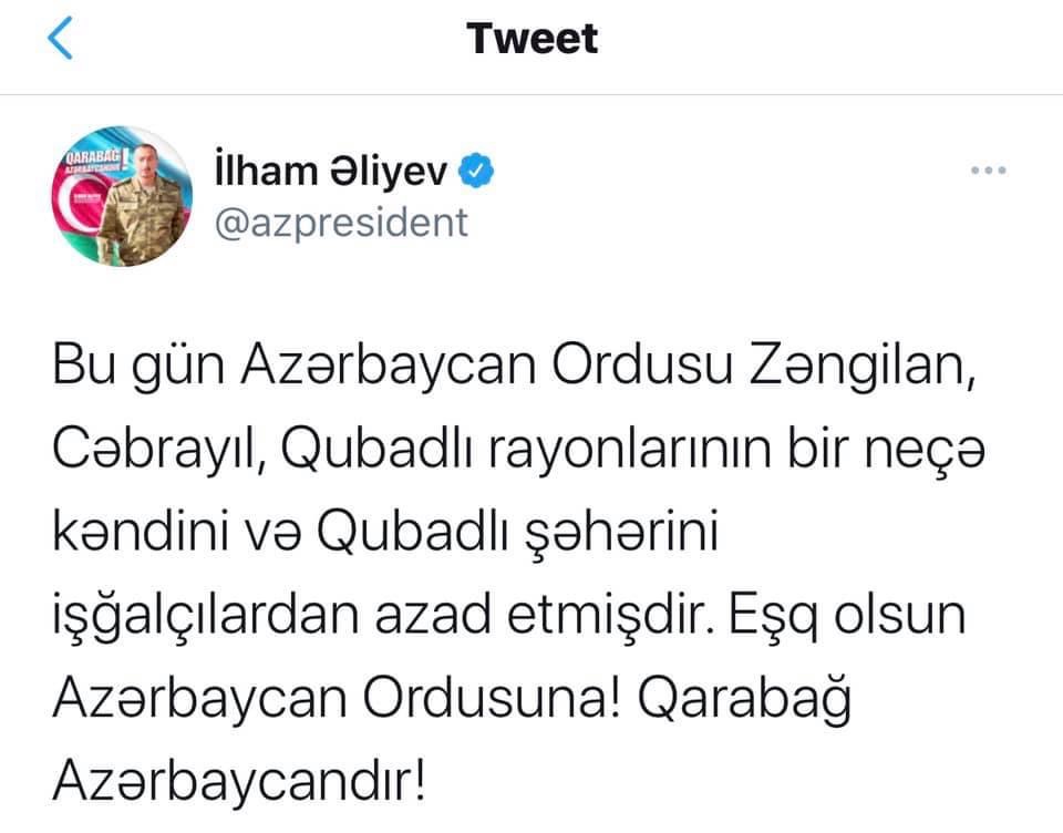 Dünyanın ən gözəl xəbəri!!! Təşəkkürlər Ali Baş Komandan!!!Təşəkkürlər Azərbaycan əsgər və hərbçiləri!!!