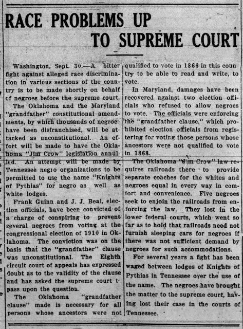 McLemoreHouse's tweet photo. In 1910, Green Currin, a Black man in Oklahoma was prevented from voting because of the state's Grandfather Clause. He brought a lawsuit that went to the US Supreme Court. In 1915, the Court found in favor of Currin and Grandfather Clauses were declared unconstitutional. https://t.co/RHB2c49eMf