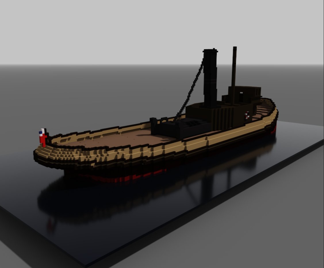Brussell2011's tweet photo. So here's a little #voxelart tugboat I made a while ago. It's probably one of the most detailed things I've made with MagicaVoxel and am still pretty proud of it. https://t.co/ydzPTMXFFr