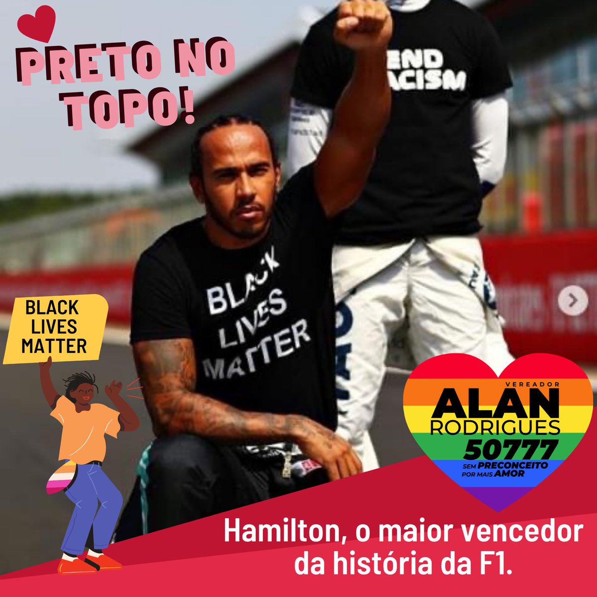 alanrodriguesbh's tweet photo. Viva a luta do nosso povo preto. 
Meus parabéns ao maior vencedor da história da F1, Hamilton!!
Viva o preto no topo, lugar onde todos nós podemos chegar! 💪🏾
.
.
#blacklivesmatter #vidasnegrasimportam #pretonotopo #poderpreto #f1 #hamilton #antiracista #antiracism https://t.co/UMME4WYrFg