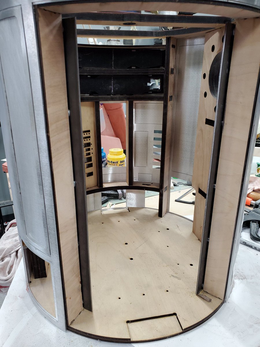 droidboy's tweet photo. Getting a bit more done today.  Cleaning up the seams continues and added a steel rail so I can magnetize the back door. #starwars #r2d2 #makerspace #props #movieprops #r2builders https://t.co/YUGXSXVl9H