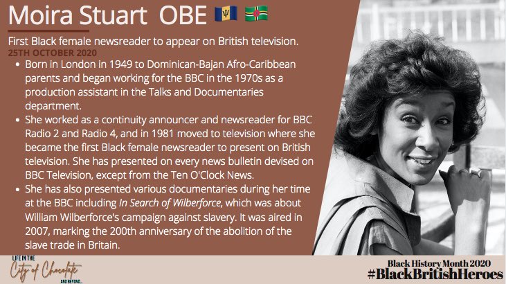 Moira Stuart OBE is our 25th Black British Hero. She made history in 1981 by becoming the first Black female newsreader on television here in Britain. Here are a few facts about her many achievements!  #BlackHistoryMonth    #BHM    #BlackBritishHeroes