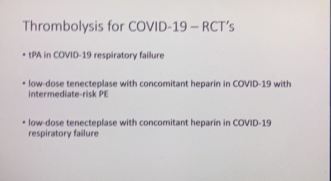 DavidACohen3's tweet photo. #PERT2020. Thrombolysis in COVID: Studies being done @PERTConsortium https://t.co/6QX37YQ047