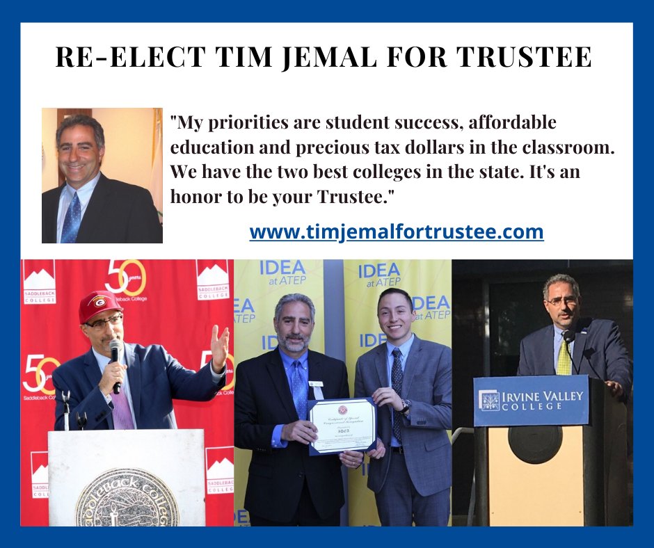 timjemal's tweet image. It&apos;s an honor to serve as your Trustee representing our two outstanding colleges, Saddleback College and Irvine Valley College, and our third campus, the Advanced Technology &amp;amp; Education Park (ATEP) in Tustin.

timjemalfortrustee.com/index.html