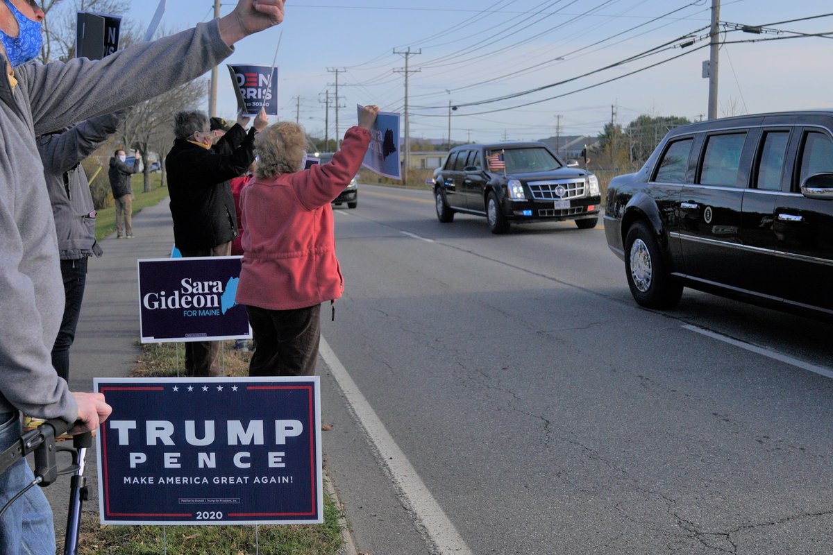 JLeahMitchell's tweet photo. Biden supporters lining the route in protest as President Trump made his way to an unpublicized campaign rally in Levant at Treworgy Orchards. The president made the visit to Maine's Second Congressional district, where he's hoping to earn an electoral vote. https://t.co/qv7iIH1UOT