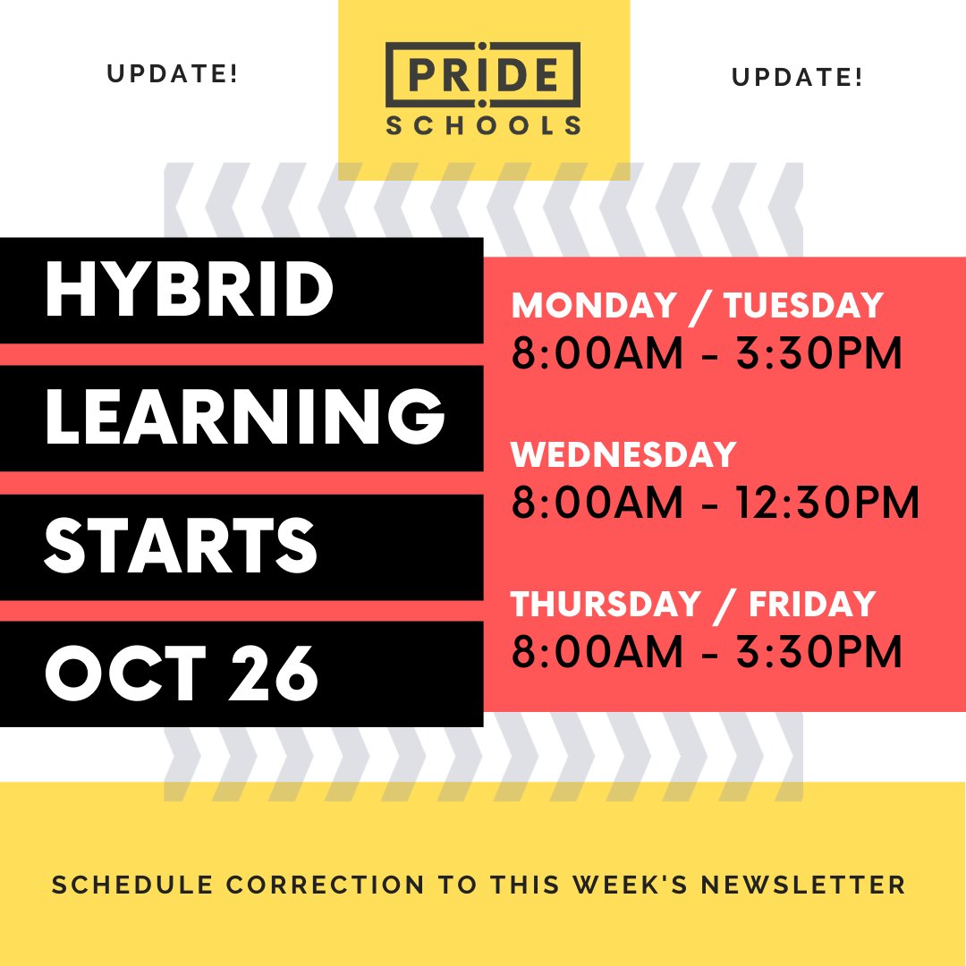 InnovationPRIDE's tweet photo. Hi IHS families! We had a typo in our newsletter this weekend about the schedule for Hybrid Learning that starts tomorrow. The correct schedule is: MON-TUES: 8am-3:30pm / WED: (half day schedule) 8am-12:30pm / THUR-FRI: 8am-3:30pm. We can't wait to see you this week! https://t.co/YlhwWyaGP6