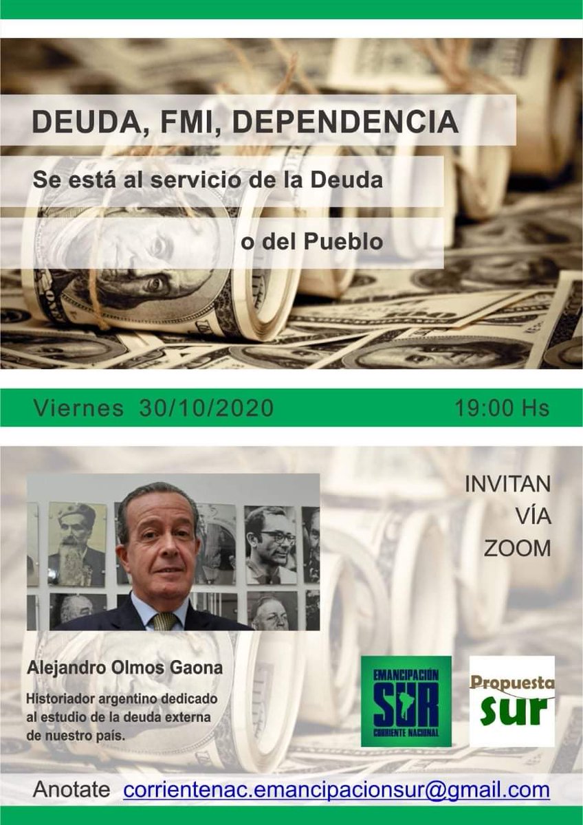 Te invitamos a participar..       DEUDA FMI DEPENDENCIA.    Charla con Alejandro Olmos Gaona.

facebook.com/emancipacionsu…

Será via ZOOM.  Anotate en corrientenac.emancipacionsur@gmail.com