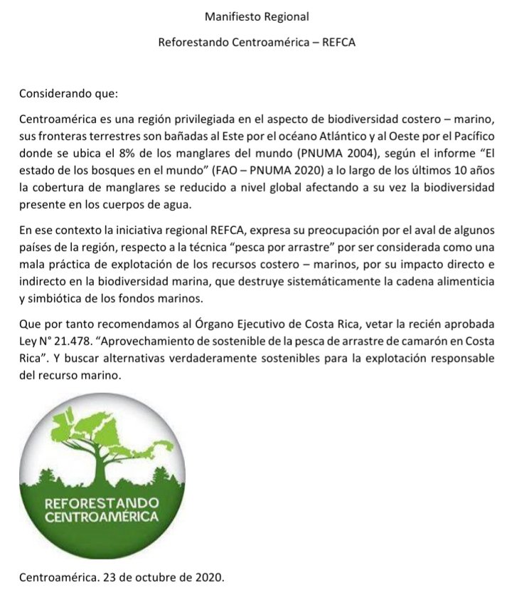 #EstamosContigoCostaRica Coordinación REFCA, manifestamos nuestra preocupación por la Ley de mala práctica de "pesca por arrastre" adjunto lo que expresamos como países de la Región en respaldo a Costa Rica 🇨🇷 #SomosREFCA
<a href="/CarlosAlvQ/">Carlos Alvarado Quesada</a> <a href="/CRMinae/">Ministerio de Ambiente y Energía de Costa Rica</a> 

#NoALeyN°21.478 #Centroamerica