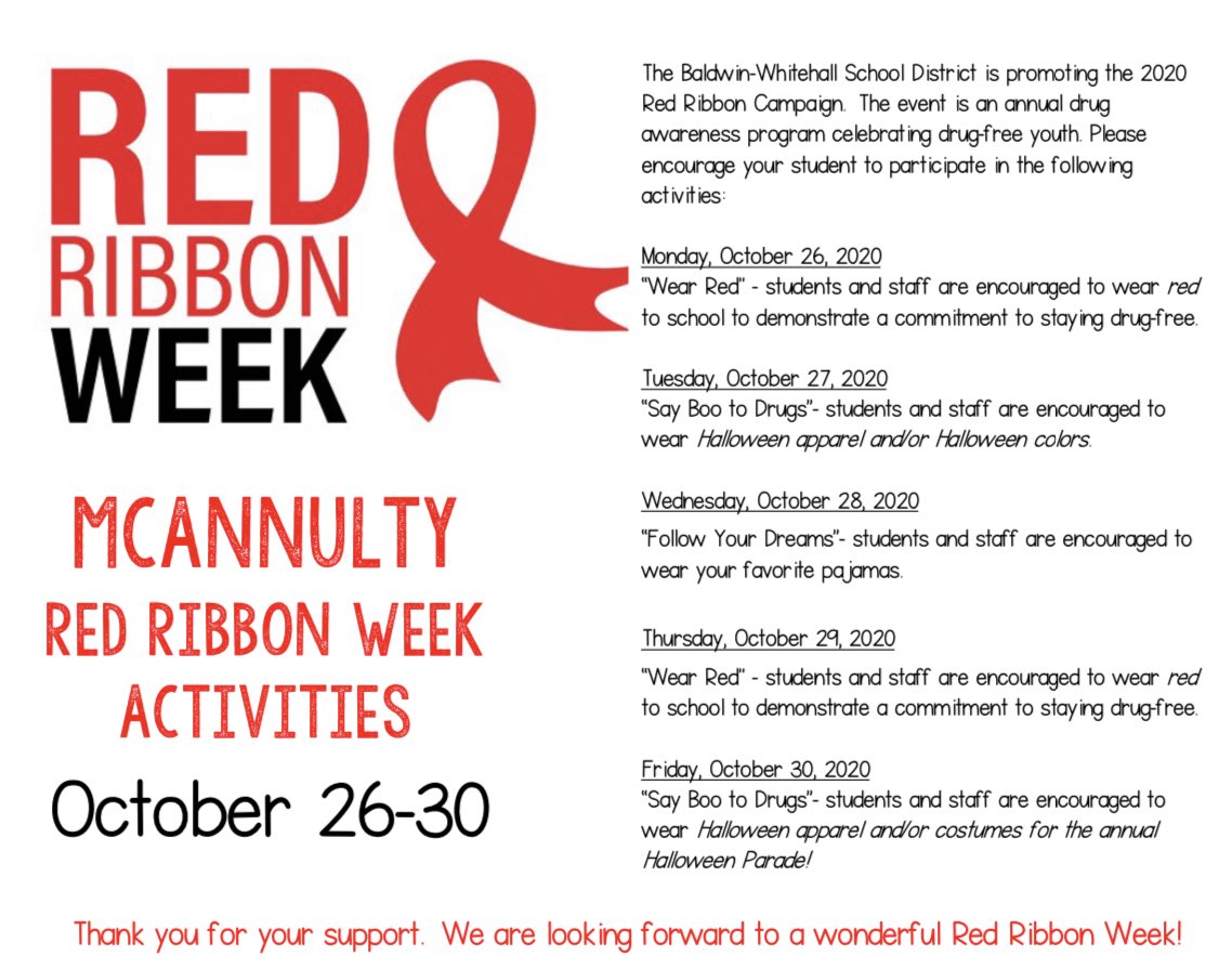 McAnnulty is recognizing Red Ribbon Week 10/26-10/30. Read below on how to participate!