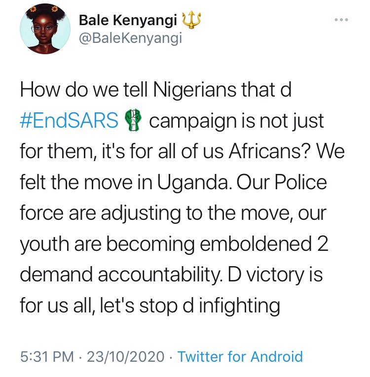 EbituPromise's tweet image. This message is loud and clear to Nigerians who are part of the #EndSARS movement. Our freedom mission isn’t just for Nigeria and Nigerians alone, but to Africa and Africans.

This is why we shouldn’t back down, we must #EndOppressionInNigeria!

Aluta Continua! Victoria Acerta!✊🏼