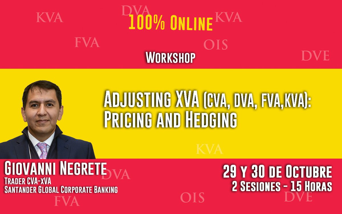 RiskMathicsFI's tweet image. #RMTC2020 #giovanninegrete #Workshop
riskmathics.com/landing/KVA_20…
A través de la explicación de conceptos prácticos se introducirá la necesidad o justificación de incorporar, en la valoración de #derivados, ajustes adicionales a los que se hacen actualmente por riesgo de #crédito.
