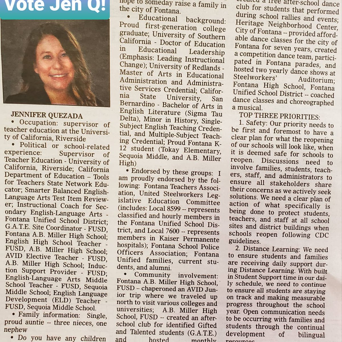 VoteJenQ's tweet photo. ⭐In case you missed it! Learn more about me and my 📢platform in the 📰Fontana Herald News! How do you plan on voting? Share in the comments! #VoteJenQ #Nov3rd2020 Hope you're having a beautiful weekend! https://t.co/7aDlmVNICg