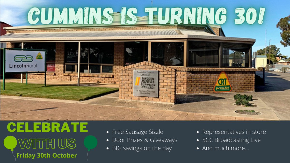 lincoln_rural's tweet photo. Cummins is turning 30!
Join us on Friday to celebrate 30 years of Supporting the Cummins Community.
Come and grab yourself a snag and bargain. You never know you might even win a prize.
See you there! https://t.co/3wuvzTcghW