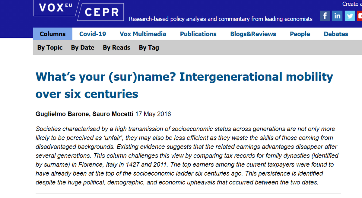 Florence is interesting because they have (a) tax records from 1400s to today and (b) some very low-frequency surnames. Link:  https://voxeu.org/article/what-s-your-surname-intergenerational-mobility-over-six-centuries