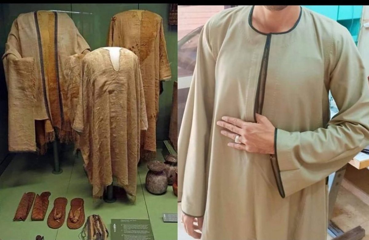 Ancient egyptian tunic on the left, traditional galabeya on the right, the design is very distinct and unique, can't be found elsewhere, we still wear the same clothing..Ps: Egyptians didn't really walk around topless all the time.