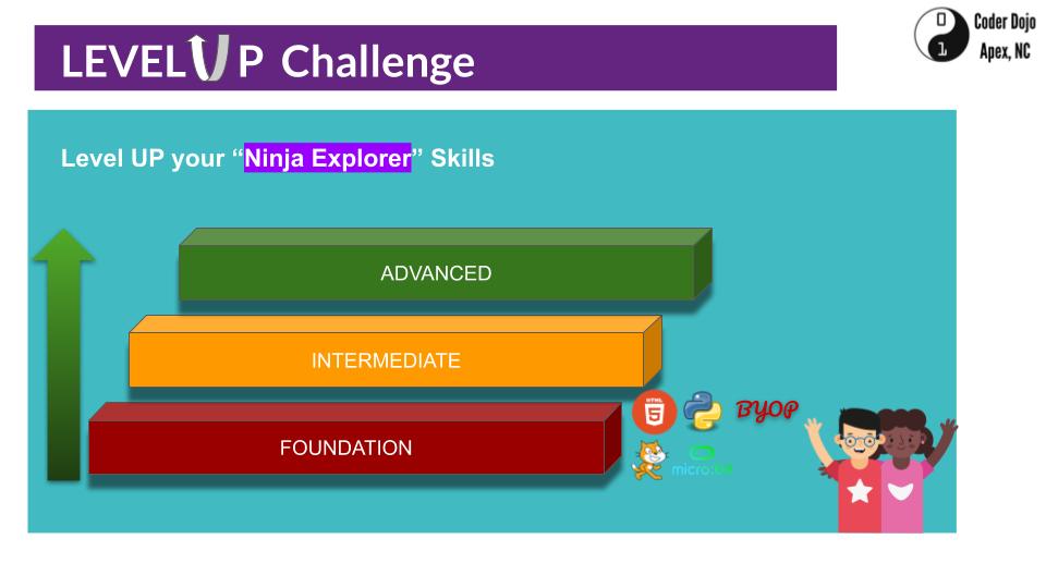 coderdojoapexnc's tweet image. 9/ Our Fall term has 2 Units - #1 Level Up challenge encouraging ninjas to level up on their coding skills with Learning Paths and &quot;Ninja Ambassador&quot; (credit @Foustberrypi) skills by volunteering for the club  #2 Our very own Coolest Project (team) Challenge and celebration.