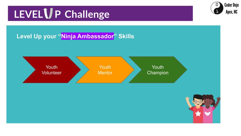 coderdojoapexnc's tweet image. 9/ Our Fall term has 2 Units - #1 Level Up challenge encouraging ninjas to level up on their coding skills with Learning Paths and &quot;Ninja Ambassador&quot; (credit @Foustberrypi) skills by volunteering for the club  #2 Our very own Coolest Project (team) Challenge and celebration.