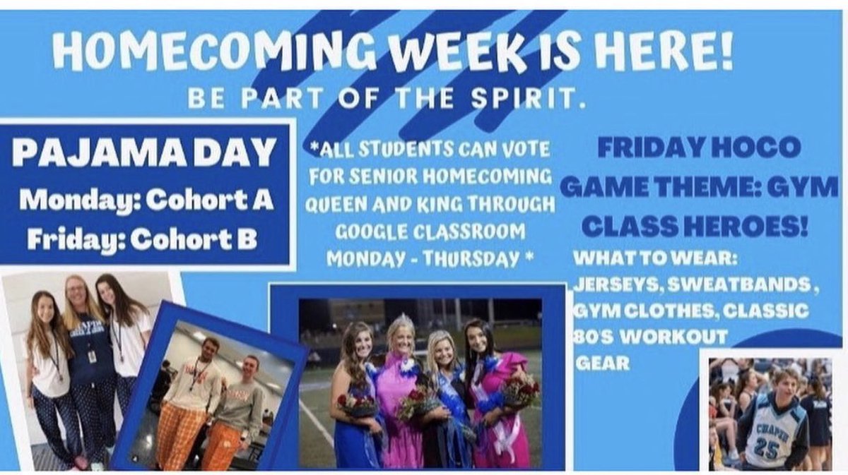 ‼️Reminder: Hoco week starts tomorrow! Cohort A Pajama day is Monday and a Cohort B Pajama day is Friday!