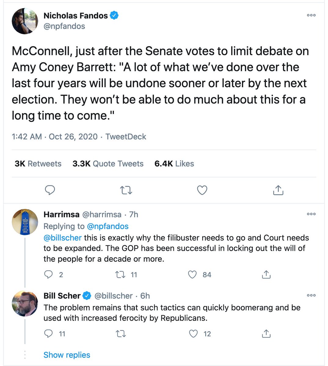 Yep. That's the argument. And the counterargument from  @billscher. Let's game it out. R's want to maintain the fiction that their 6-3 partisan lock is just for extra safe 'balls and strikes' purposes. This allows them to do a lot without getting R fingerprints on it. 1/