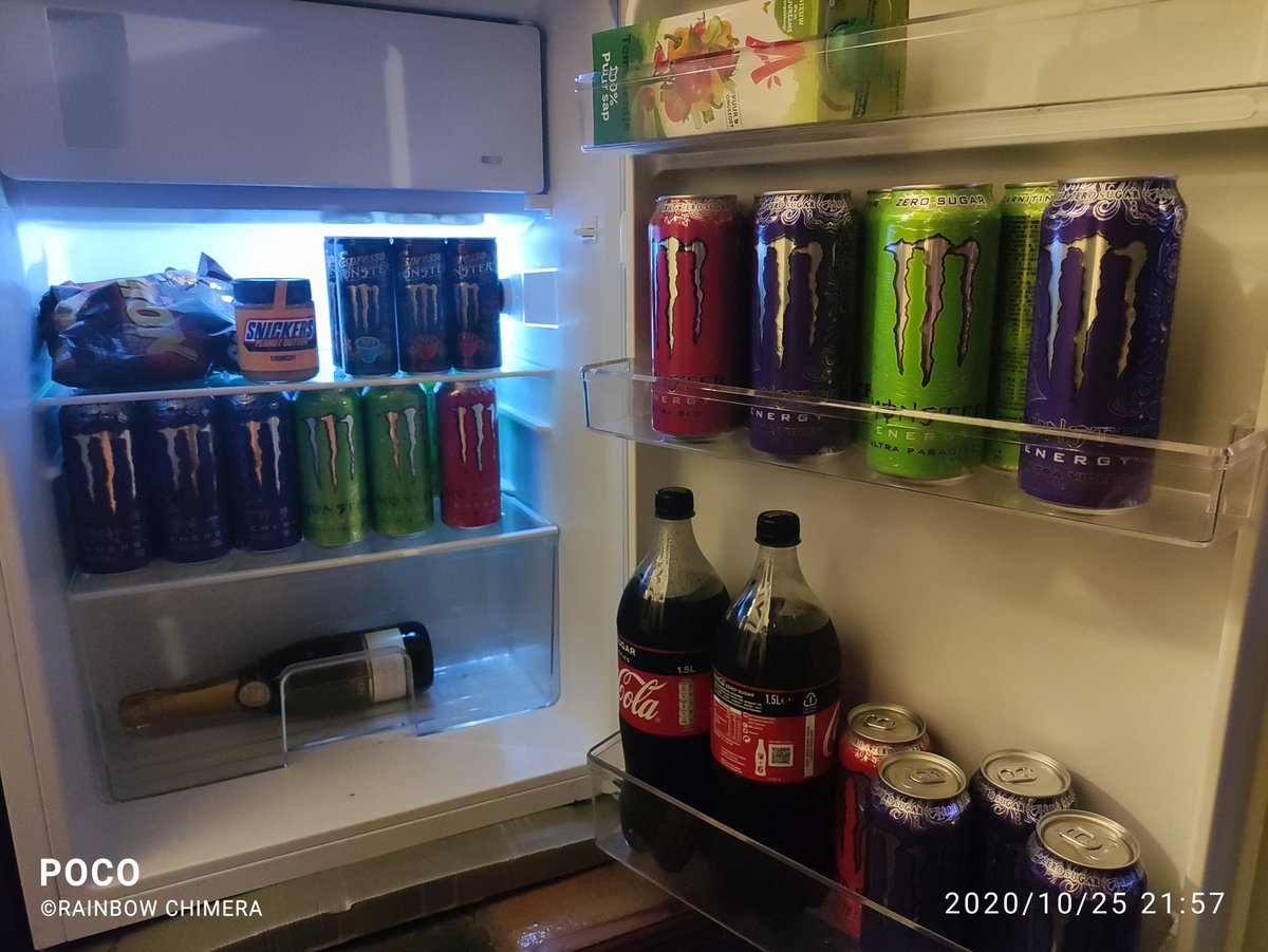 NjnaGrimsdottir's tweet photo. Restocked for another 2 weeks of dancing! #BunFuel #LateNightDancing @MonsterEnergy #peanutbutterSnack @CokeZero #necessities #thirsty #bunny #minifridge #FeVR https://t.co/Xo1rfJrPcq