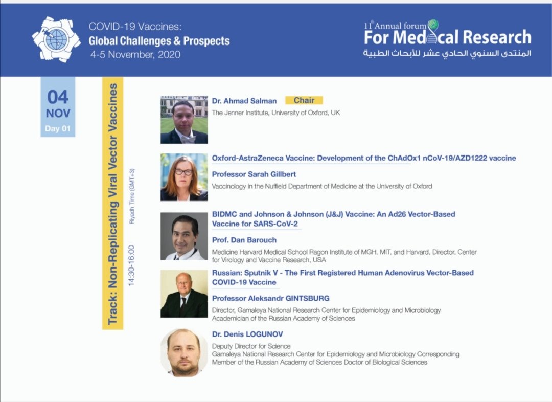 KSA_MedResearch's tweet photo. Speakers from Oxford-Astrazenca, Johnson &amp; Johnson and the Russian Sputnik Vaccines will be presenting 4th Nov under the session "Non-replicating Viral Vector Vaccines" during the 11th #KAIMRCAnnualForum
"#Covid_19_Vaccines : Global Challenges &amp; Prospects"
https://t.co/WHJvBCxJsW https://t.co/6zwFzJjuVX