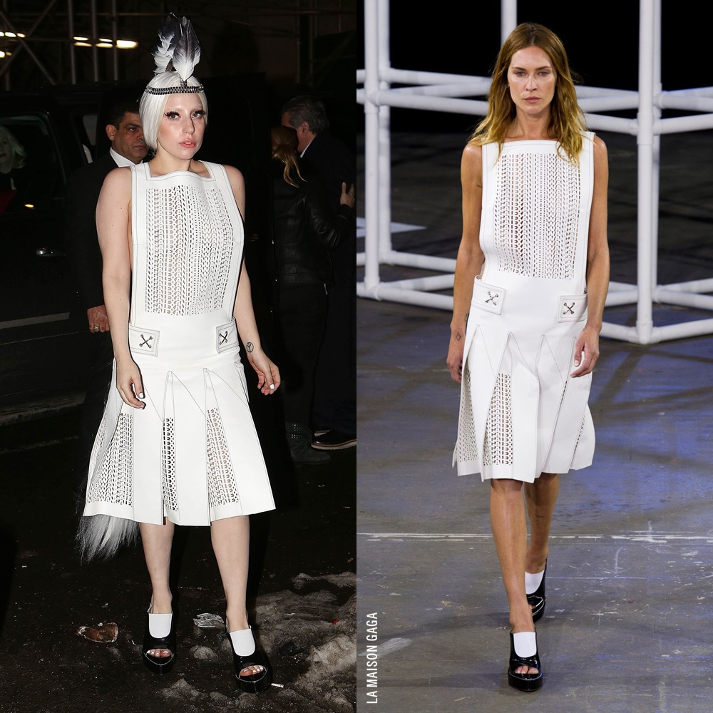 Back in Time: #LadyGaga headed to Quality Meats restaurant, wearing @AlexanderWangNY's Spring/Summer 2014 laser-cut white leather apron-style dress and "Meghan" mules with an @EricksonBeamon feathered metal headpiece!
More about this lewk: https://t.co/Qj4PrjbEZv https://t.co/w9hMbXymh6
