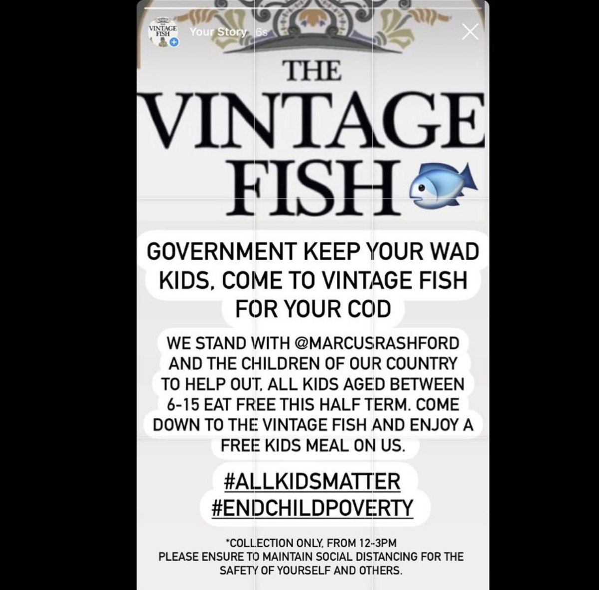MyWimbledonApp's tweet photo. Amazing initiative from @vintagefishUK who are offering kids between 6-15 free meals this half term. If you, or someone you know could do with a little help, free kids meals are available for collection only between 12-3pm. Great work guys! 👏 https://t.co/bWEcVnxrjB