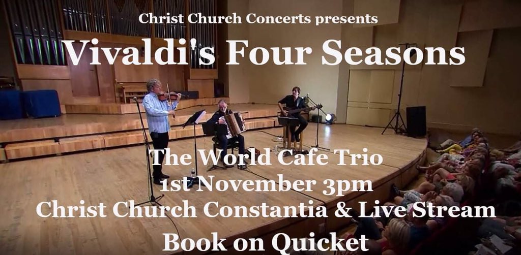 #Vivaldi4Seasons Plus with live audience and live streaming limited to 40% capacity #ChristChurchConcerts bookings <a href="/QuicketSA/">Quicket South Africa</a> <a href="/constantia1685/">Constantia Valley</a> <a href="/capetownmag/">CapeTownMag</a> <a href="/sa_artists/">SA-ARTISTS</a> <a href="/CapeCalendar/">Cape Town Events</a> @LiveMsicSA <a href="/DarlingMusicExp/">Darling Music Exp</a> <a href="/FineMusicRadio/">FineMusicRadio</a> <a href="/classics4all/">ClassicsForAllFest</a> <a href="/CapeTownRedBus/">City Sightseeing Cape Town</a> <a href="/ctgigguide1/">CAPE TOWN GIG GUIDE</a> <a href="/WhatsOnZA/">What's On SA</a>