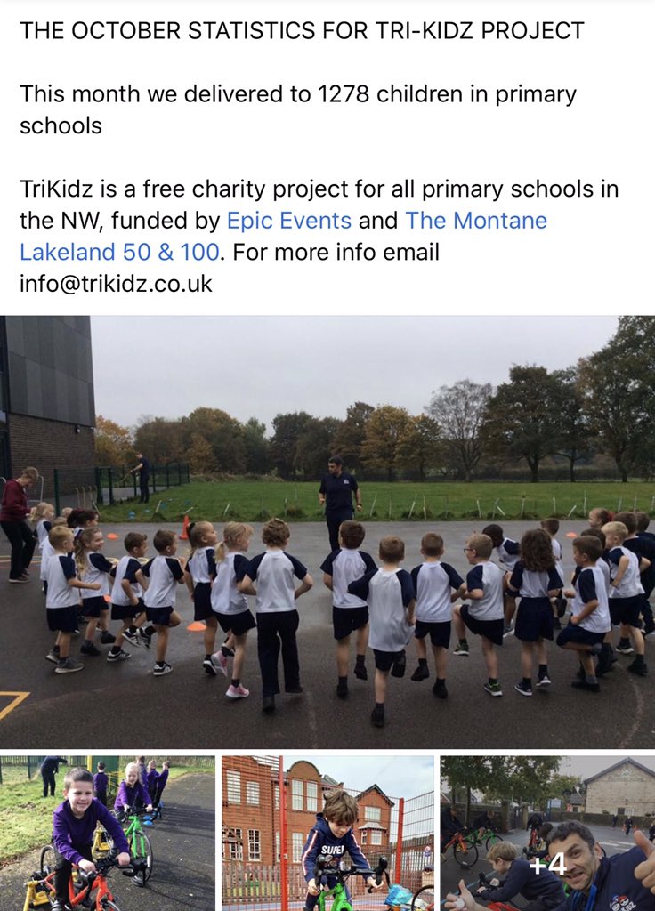 Super start to TriKidz project, it’s half term this week but we delivered to 1278 kids in October and nearly booked up for November. Free to all primary schools in North West