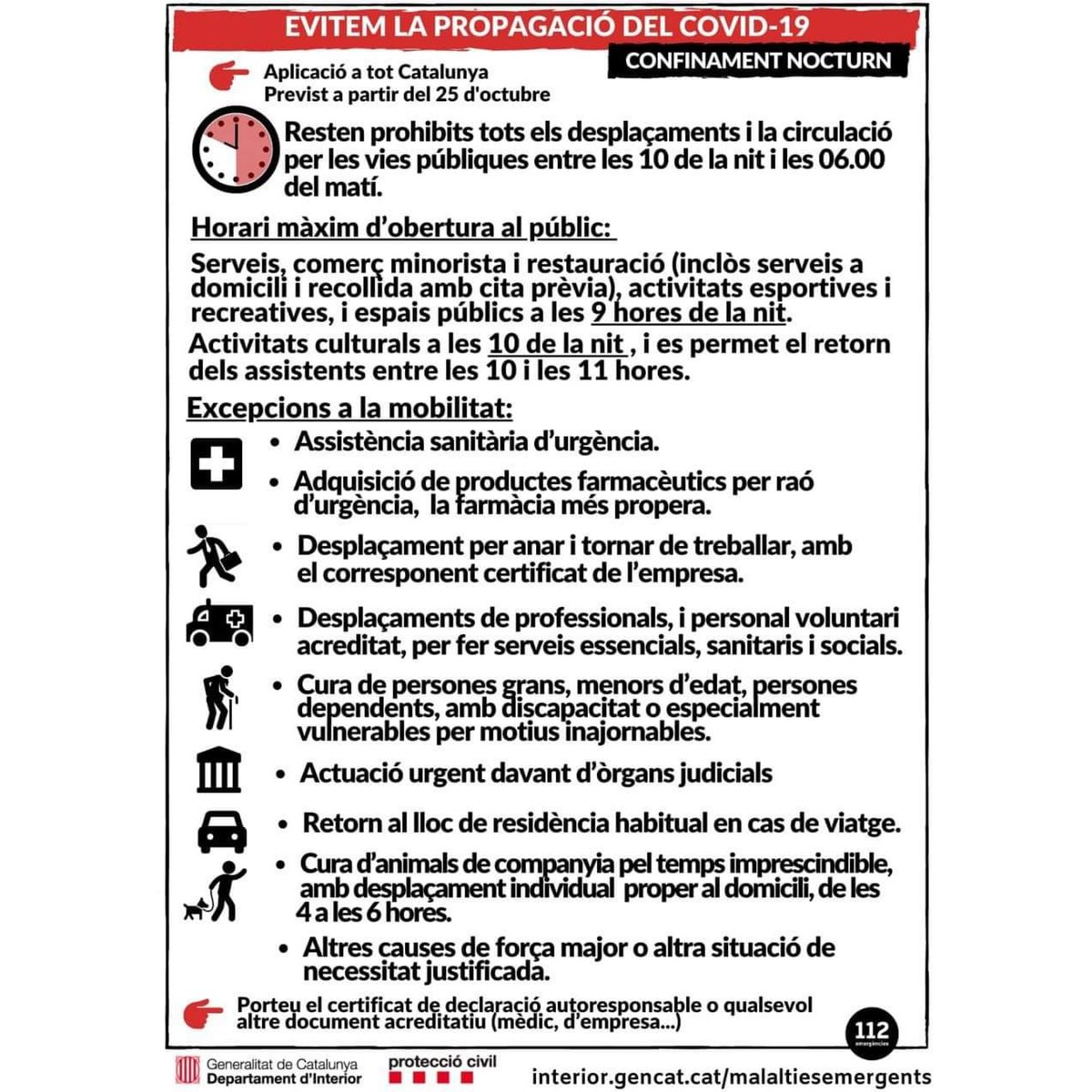 CreuRojaPlaUrge's tweet photo. A partir d’aquesta nit queden prohibits tots els desplaçaments entre les 10h de la nit i les 6h del matí. #24hCreuRoja #JoSócCreuRoja #CreuRojaElPladUrgell #JoSocCreuRojaElPladUrgell #SomCreuRoja #CreuRojaRespon #PlaCreuRojaRespon #HiSomSempre #AtotArreu #ArreuXtothom https://t.co/i9bvtP9CjJ