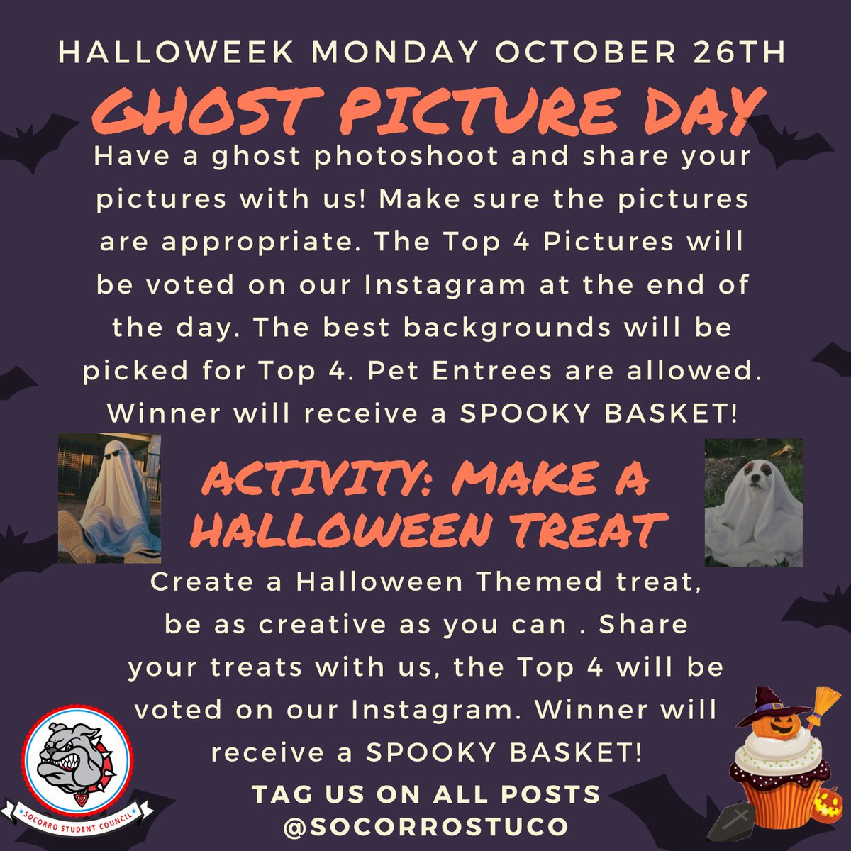 SocorroStuco's tweet photo. HEY BULLDOGS!!! Tomorrow is Ghost Picture day!!! Don’t forget to tag us 🎃 https://t.co/O8CYhQFnII