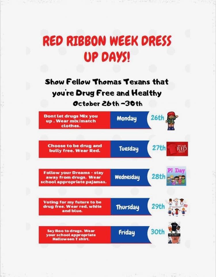 ThomasTexans1's tweet photo. It’s finally here, Thomas Texans! This week is Red Ribbon Week and we will celebrate each day with a different theme! Check them out:-). #BeHappyBeBraveBeDrugFree #pisdpoweredbylearning #ThomasStrong https://t.co/MLmY0rfLLR