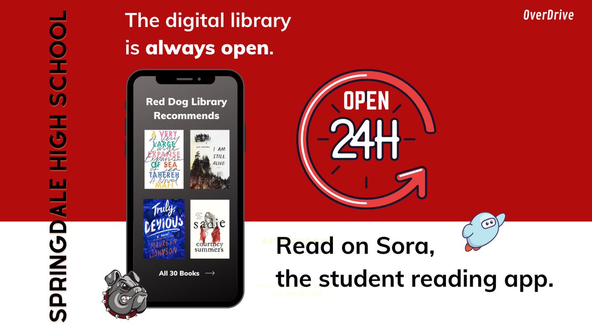 RedDogLibrary's tweet photo. Did you know that we have a FREE collection of ebooks & audiobooks, curated specifically for our school? Available in the @Sorareadingapp! #SpringdaleReads @sdalebulldogs @sdaleschools #THEChoice https://t.co/kO7xW5Sj01