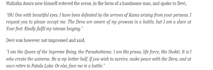 (3/n) This is what Mahishasura had said to Maa DurgaThe biggest mistake of Mahishasura was that he thought that this is just a mere woman she can't defeat her, so he has all the right to see her as a property.