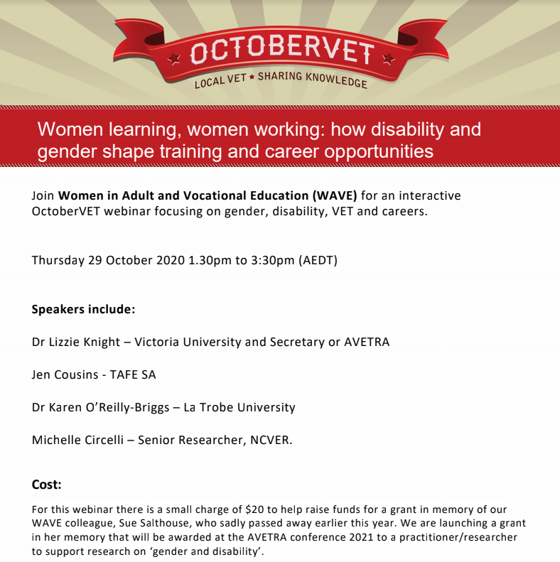 WomenAdultVocEd's tweet photo. Register now for our upcoming #OctoberVET event on October 29th ‘Women learning, women working: how disability and gender shape training and career opportunities’
#gender #AdultEd #VocEd #disability
https://t.co/jPvvFWXZIf https://t.co/SPE0RuqMoC