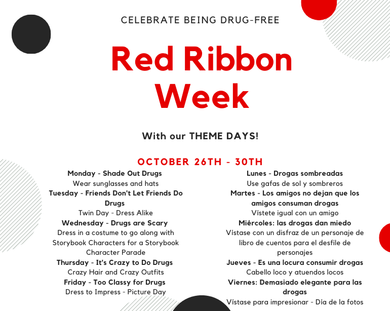 Be Happy!  Be Brave!  Be Drug Free! 

This week we celebrate Red Ribbon Week 

Check out our theme days for October 26th - 30th.

#Model #Support #Engage #RRW2020