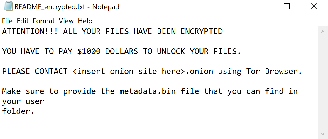 0x4143's tweet photo. Unknown #ransomware 
"_encrypted" appended to filename. 
README_encrypted.txt ransom note (no onion address specified)
99617ca878130477d08981b1eb6e3d27c7a8d281f9669e537bf5076209d2ce1a https://t.co/ozSGR5afXh