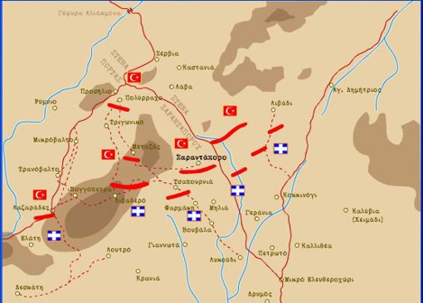 The Greek army moved towards Elassona and the crossings of Olympus and two days later scored its first victory by taking over Sarantaporo. With the Turks retreating, Greek forces began to advance from Kozani, Grevena, and Katerini.