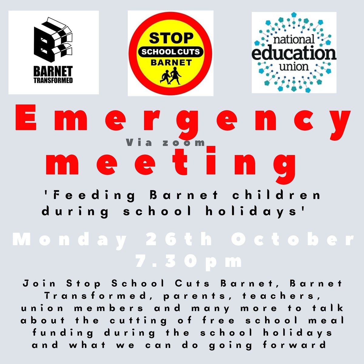 BarnetStop's tweet photo. In reaction to the recent Parliamentary vote to not extend free school meals over the holidays on 21st October, we feel as a community it is important to get together and discuss what this means for Barnet and what we do going forward. https://t.co/QZp8vH48Wl