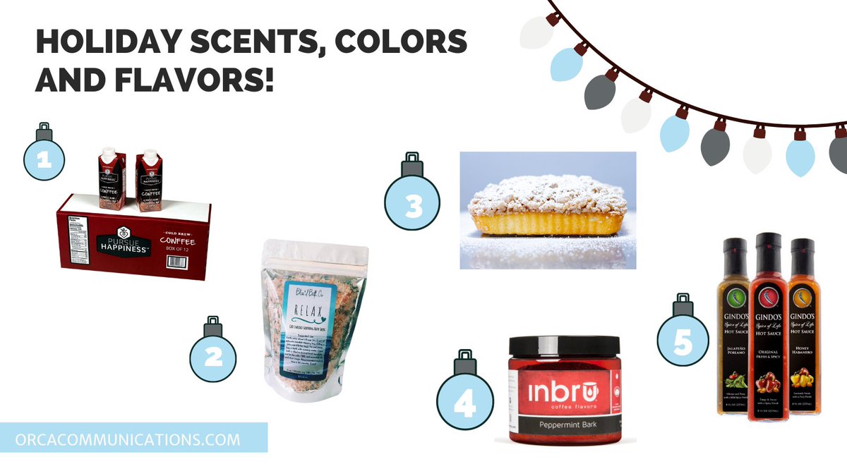 orcacomm's tweet photo. ‘Tis the #season for scents, colors and flavors galore! What #products are we looking forward to? Here's our top choices for this #holiday season:
1. Pursue Happiness Cold Brew
2. @ClarksonCrumb
3. Bliss'd
4. @InbruCafe
5. @TheGindo https://t.co/sAjNSndDfF