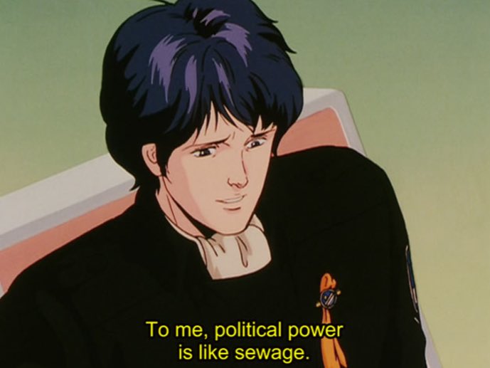 The cynical soldier trope is definitely very common, but Yang’s cynicism is also paired with a staunch idealism that motivates him not to defend his corrupt government, but the people of the Alliance and the idea of republican democracy. That, he believes, is a soldiers duty.