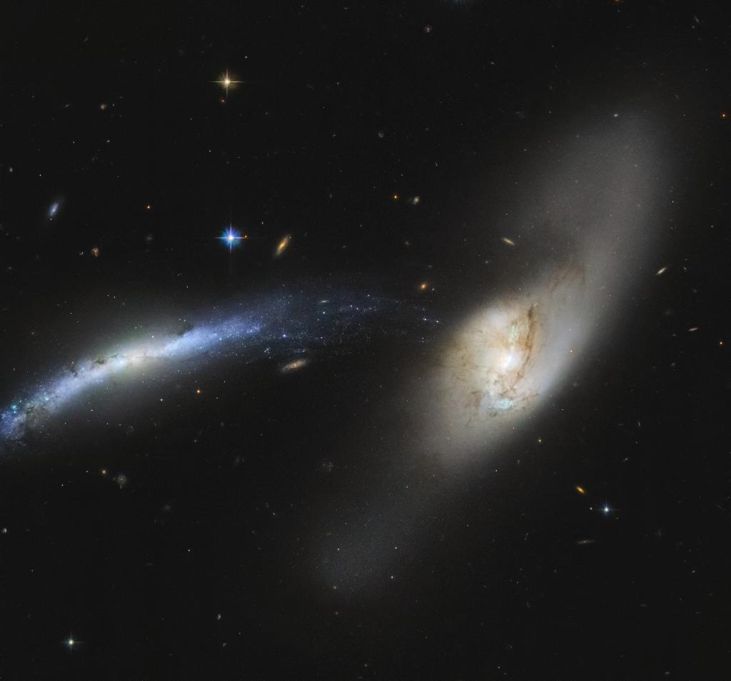 NASA's tweet photo. 🌊 A pair of galaxies resemble a waterfall in this @NASAHubble image. Interacting galaxies influence each other, which may eventually result in a merger or unique formation. Here, stars from one galaxy appear to fall into the other like drops of water: https://t.co/CA7Uw76FsQ https://t.co/8E3orn6dGx