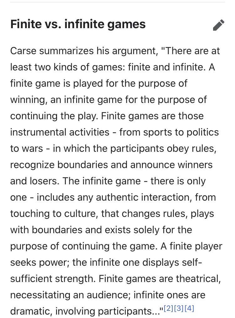 Passiona's tweet photo. @drzax I found James P. Carse's distinction between finite and infinite games a useful perspective. Interested to hear if the game play of an infinite game, is of any more appeal to you. https://t.co/Or4A2Ue9Fo