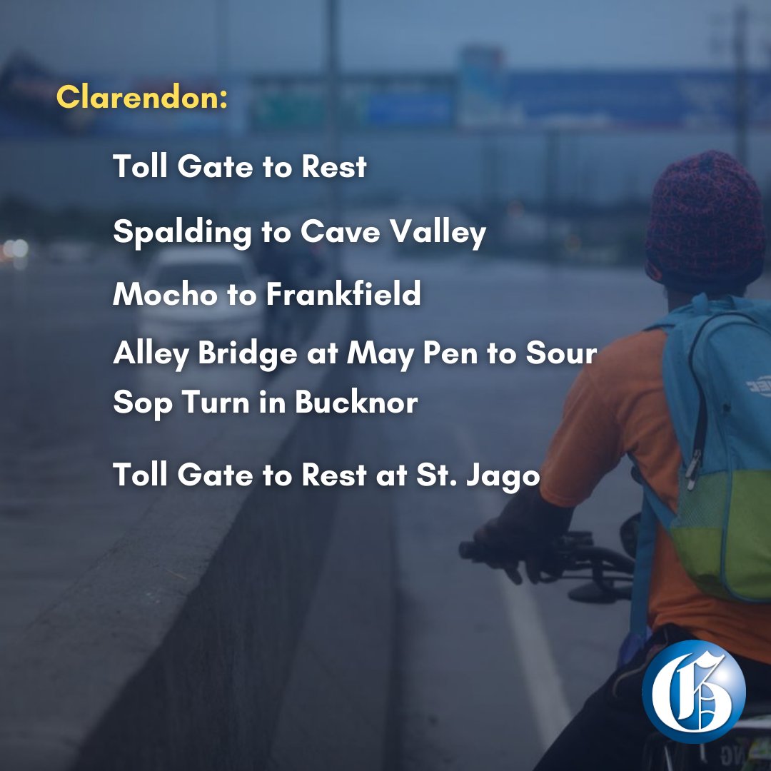 JamaicaGleaner's tweet photo. As heavy rains continue to drench the island, the @NWA_JA is reporting that the following roads are impassable due to flooding and landslides. Motorists are urged not to attempt to cross them but to use alternative routes where possible. https://t.co/OnBtf5QoDb
