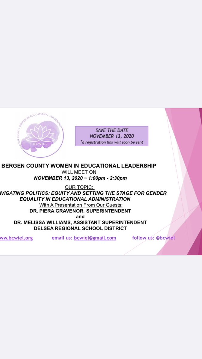 Bergen County Women in Educational Leadership Presentation on November 13th. Superintendent Sue DeNoble of Rochelle Park and Superintendent Shauna DeMarco of Tenafly lead this worthwhile initiative. Save the date!